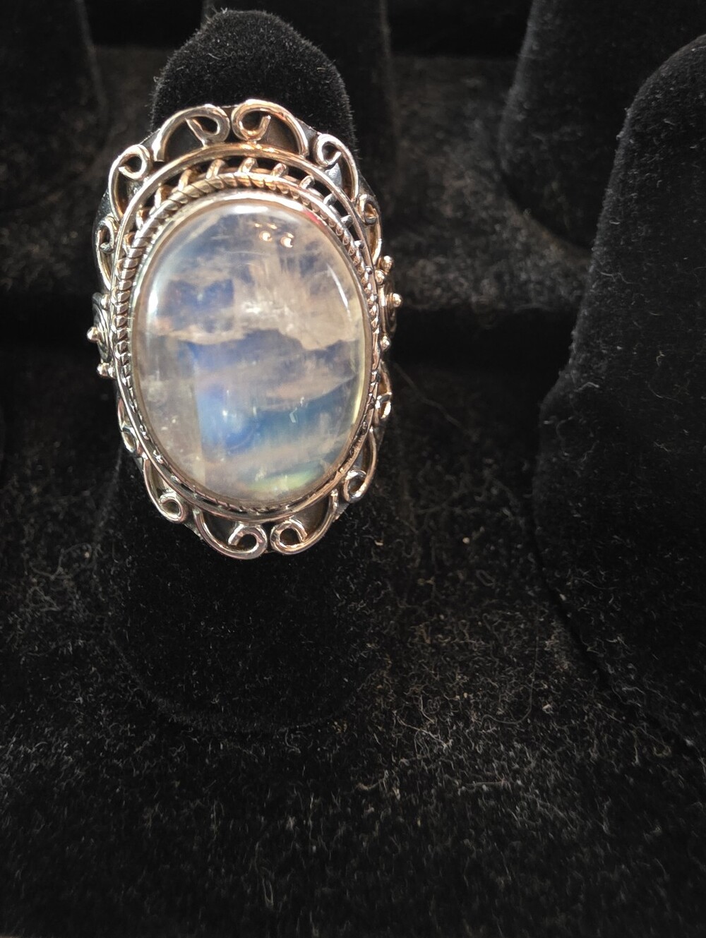 925 Sterling Silver Rainbow Moonstone Ring Vintage Artisan India Statement